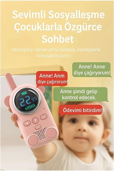Çocuklar İçin Dijital Ekranlı Walkie Talkie Telsiz Seti – 3 Km Menzil, Sevimli Tasarım