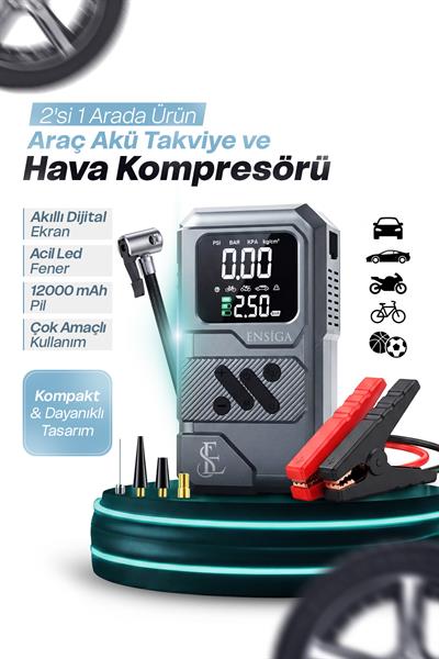 Dijital Ekranlı Taşınabilir Hava Kompresörü Çok Amaçlı Şarjlı Pompa LED Ekran 12000 mah