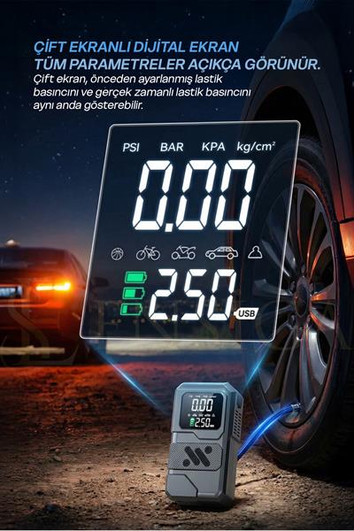 Dijital Ekranlı Taşınabilir Hava Kompresörü Çok Amaçlı Şarjlı Pompa LED Ekran 12000 mah