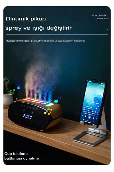 Dijital Saat Göstergeli Bluetooth Speaker RGB Modlu Hava Nemlendiricisi500ml Kapasiteli  Uyumlu
