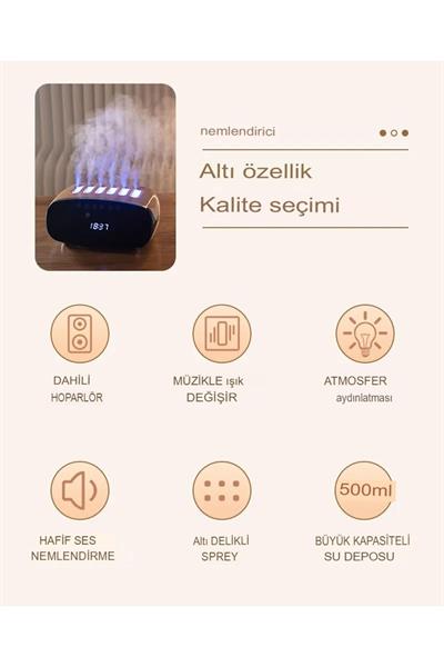 Dijital Saat Göstergeli Bluetooth Speaker RGB Modlu Hava Nemlendiricisi500ml Kapasiteli  Uyumlu