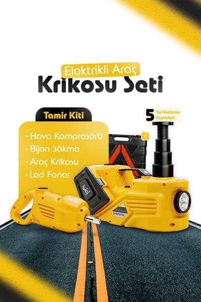 Elektrikli Araç Krikosu Seti 5 Ton Kaldırma Bijon Sökme Kompresör Fenerli Araç Tamir Kiti