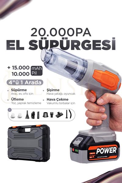 Güçlü Vakumlu ve Üflemeli Araç İçi Süpürge 20.000pA |120W güç -10.000mah+15.000mah pil