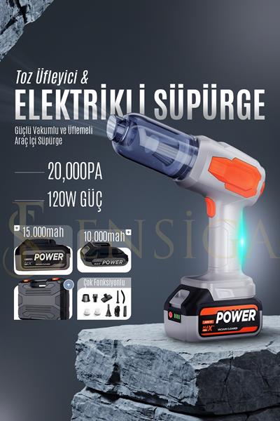 Güçlü Vakumlu ve Üflemeli Araç İçi Süpürge 20.000pA |120W güç -10.000mah+15.000mah pil