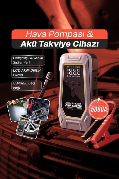 Hava Kompresörlü Akü Takviye Cihazı - 3 Kat Daha Hızlı Şişirme, 150 PSI Taşınabilir Powerbank