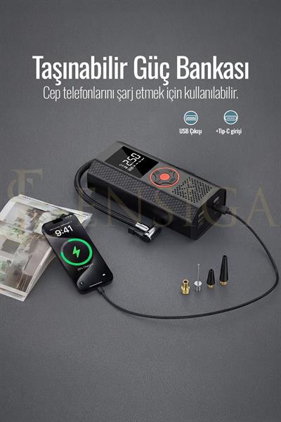 Hava Kompresörü ve Akü Takviye Cihazı 12000mAh Lastik Şişirme, Taşınabilir Hava Pompası Jump Starter