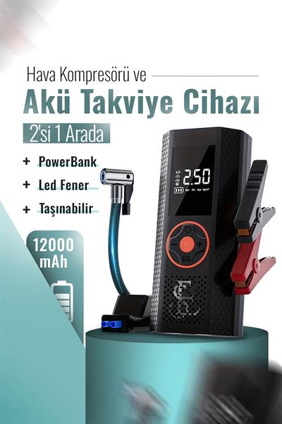 Hava Kompresörü ve Akü Takviye Cihazı 12000mAh Lastik Şişirme, Taşınabilir Hava Pompası Jump Starter