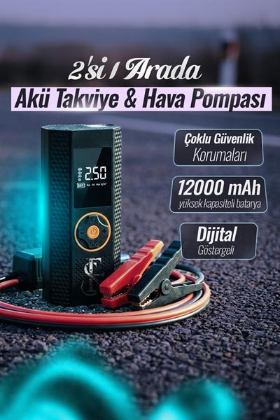 Hava Kompresörü ve Akü Takviye Cihazı 12000mAh Lastik Şişirme, Taşınabilir Hava Pompası Jump Starter