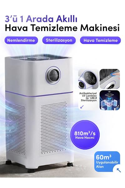 Hava Temizleyici Nemlendirici Sterilizasyon 3’ü 1 Arada HEPA Filtreli Akıllı Hava Arıtma