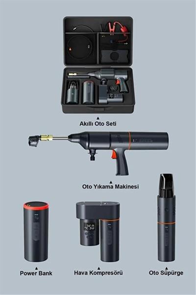 Kablosuz Araç Bakım Seti 5’i 1 Arada Hava Pompası Akü Takviye Kompresör Powerbank Fenerli