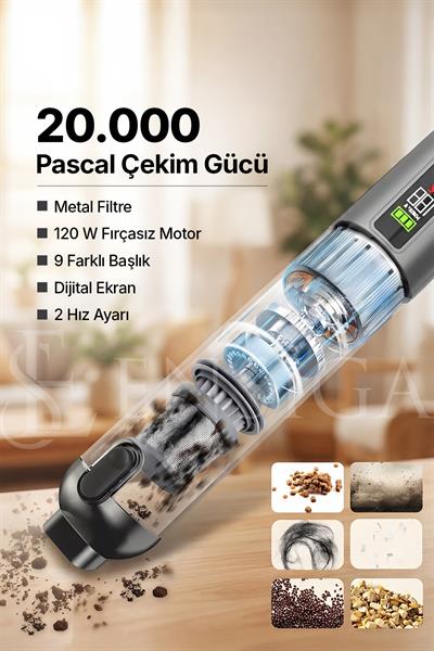 Kablosuz Şarjlı El Süpürgesi 20000Pa Güçlü Emiş, Dijital Ekran, Type‑C 120W