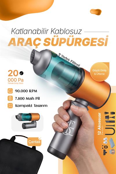 Katlanabilir Kablosuz Araç Süpürgesi 20.000 Pa Güçlü Emiş Üfleme + Çekme LCD Ekranlı