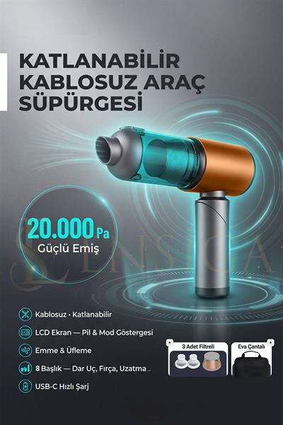 Katlanabilir Kablosuz Araç Süpürgesi 20.000 Pa Güçlü Emiş Üfleme + Çekme LCD Ekranlı