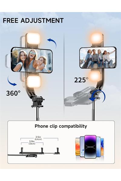 Kumandalı Işıklı 360 Derece Dönebilen Cep Telefonu ve Kamera Tripodu 2.2m Uzayabilen Selfie Çubuğu