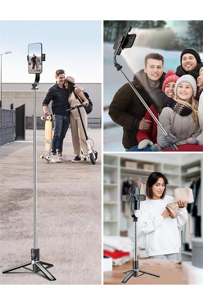 Kumandalı Işıklı 360 Derece Dönebilen Cep Telefonu ve Kamera Tripodu 2.2m Uzayabilen Selfie Çubuğu