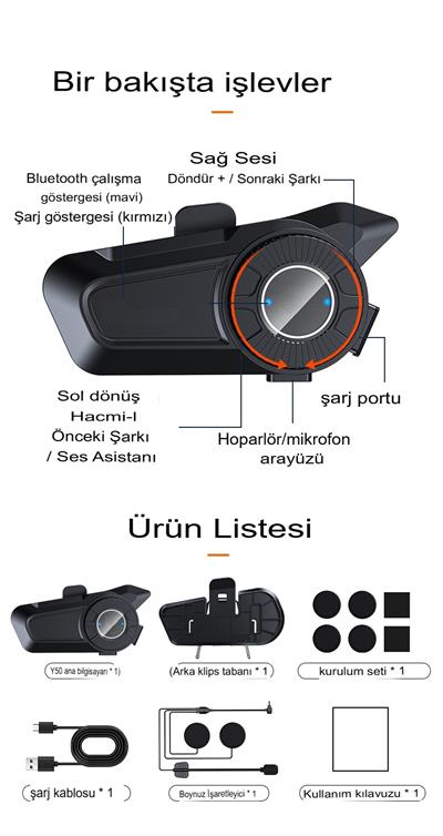 Mega Güçlü Batarya 1.800Mah Kurye Motorcu İntercoom Kask Kulaklık Moto Kulaklık