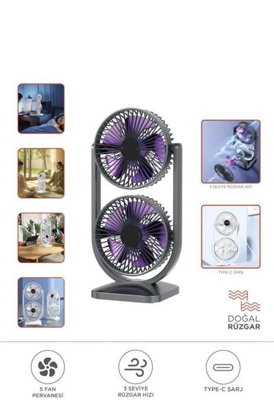 Mini Fan | Taşınabilir Çift Başlıklı Sessiz Vantilatör | Type-C Girişli, 3 Kademel