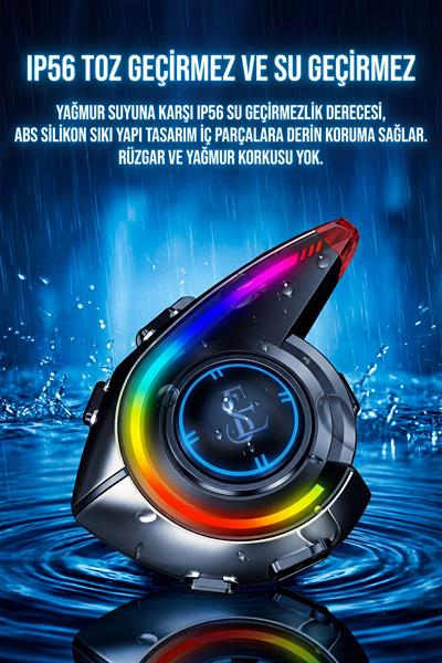 RGB Işıklı Motosiklet Interkom Headset Bluetooth 5.4 Uzun Pil Ömrü Gürültü Azaltma