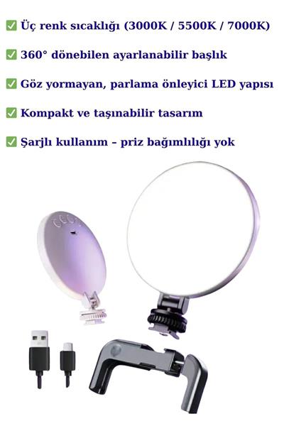 Şarjlı 360 Dönebilen LED Dolgu Işığı 3 Renk Ayarlı Telefon Klipsli TypeC Kablolu Kompakt Taşınabilir