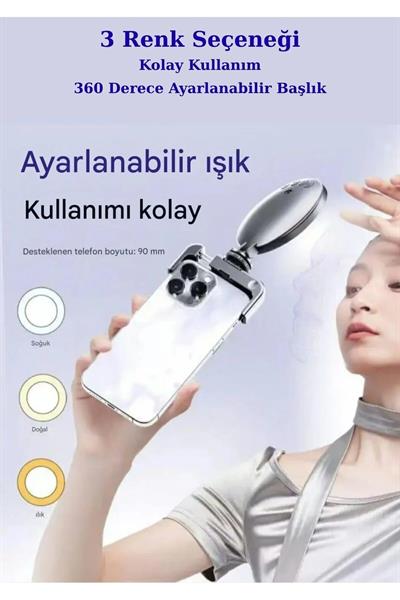 Şarjlı 360 Dönebilen LED Dolgu Işığı 3 Renk Ayarlı Telefon Klipsli TypeC Kablolu Kompakt Taşınabilir