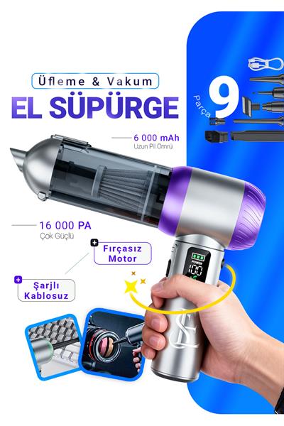 Şarjlı Kablosuz Araç İçi Süpürge | Güçlü Vakum | Fırçasız Motor | Üfleme & Vakum