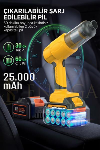 Ultra Çekim Güçlü Çantalı Araç Temizleme Süpürgesi 25.000mAh | Çift Bataryalı 20.000PA