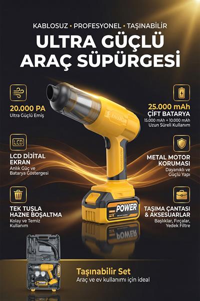 Ultra Çekim Güçlü Çantalı Araç Temizleme Süpürgesi 25.000mAh | Çift Bataryalı 20.000PA
