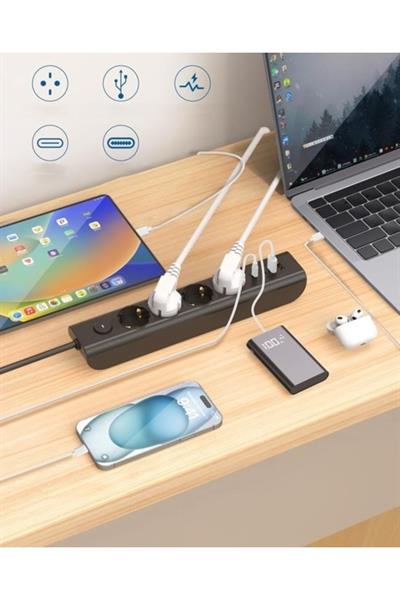 USB ve Type-C Şarjlı Çoklu Priz 3680W Anahtarlı Akım Korumalı Uzatma Prizi