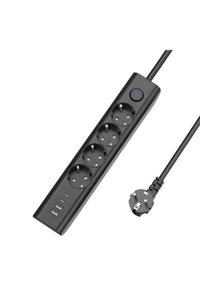 USB ve Type-C Şarjlı Çoklu Priz 3680W Anahtarlı Akım Korumalı Uzatma Prizi