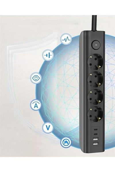 USB ve Type-C Şarjlı Çoklu Priz 3680W Anahtarlı Akım Korumalı Uzatma Prizi