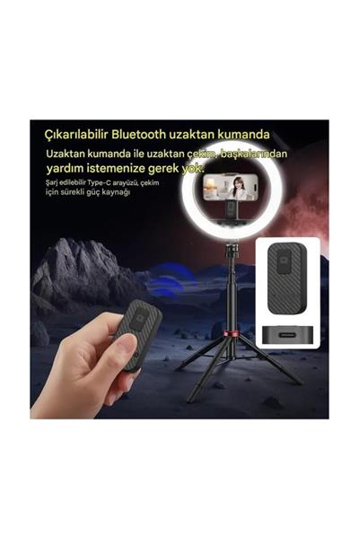 Uzaktan Kumandalı Halka Işık Selfie Ring Light 4 Ayaklı Uzatılabilir Telefon Tutuculu