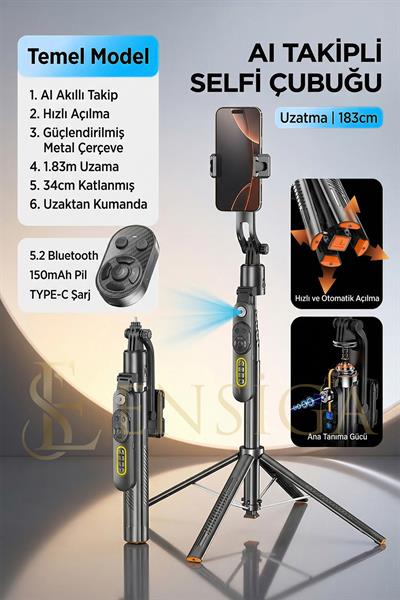 Yapay Zeka Yüz Takipli Sarsıntı Önleyici Telefon Tutucu Uzatılabilir Selfie Çubuğu Tripod