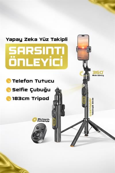 Yapay Zeka Yüz Takipli Sarsıntı Önleyici Telefon Tutucu Uzatılabilir Selfie Çubuğu Tripod