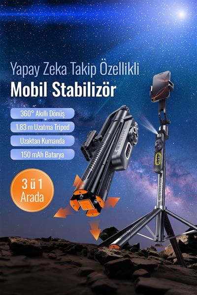 Yapay Zeka Yüz Takipli Sarsıntı Önleyici Telefon Tutucu Uzatılabilir Selfie Çubuğu Tripod