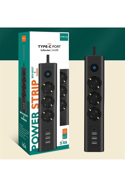 Yeni Akım Korumalı 3 Soket Girişli 3.4 Amper Priz 3xusb Type-c Girişli Uzatma Kablosu