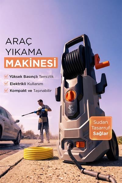 Yüksek Basınçlı Elektrikli Araç Yıkama Makinesi 1100W Uzun Menzilli Tabanca 60 Bar Güçlü Temizlik