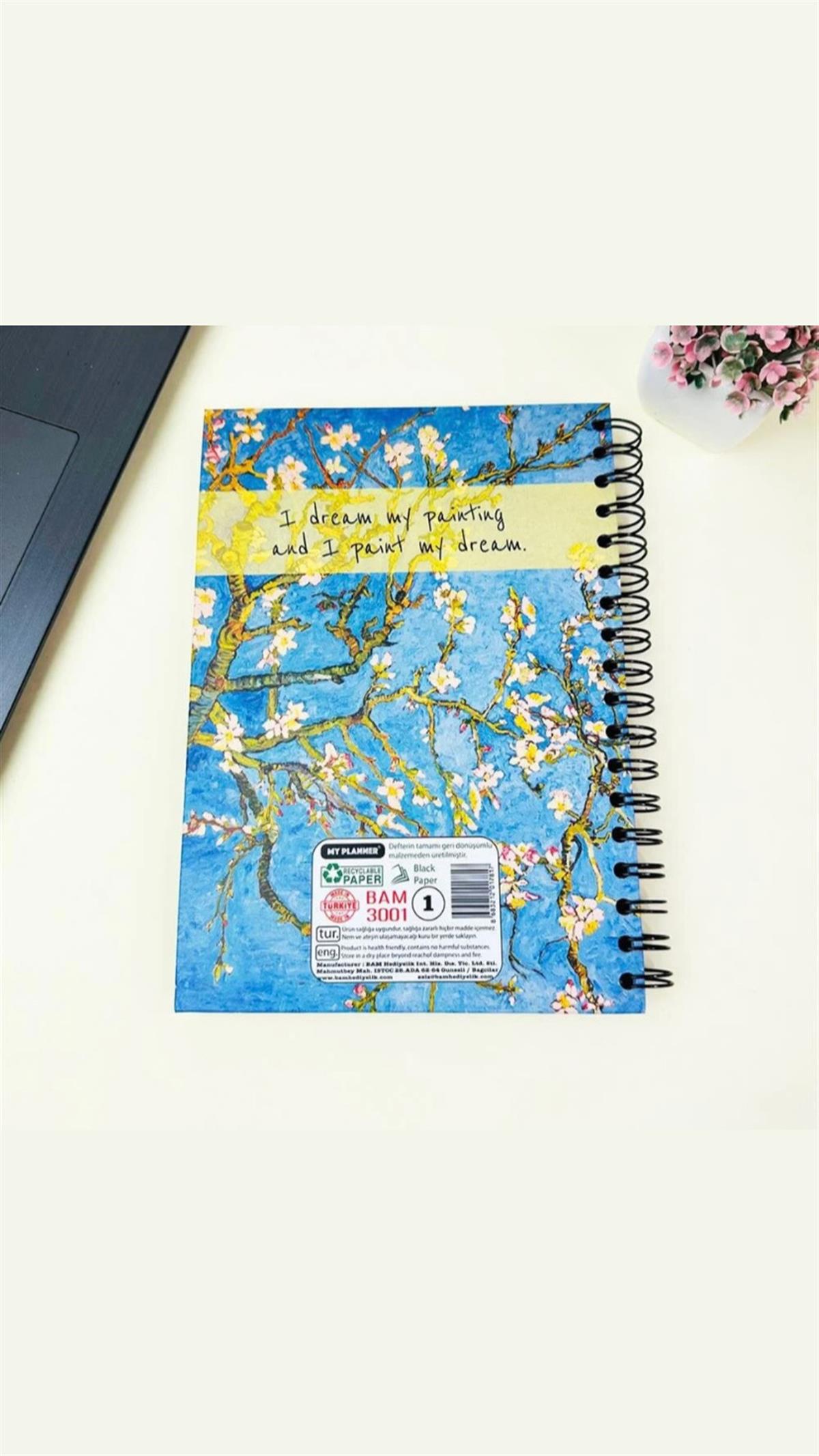 Badem Çiçeği Tasarımlı 23x16Cm Siyah Yaprak Sketch Book - Eskiz Defteri 