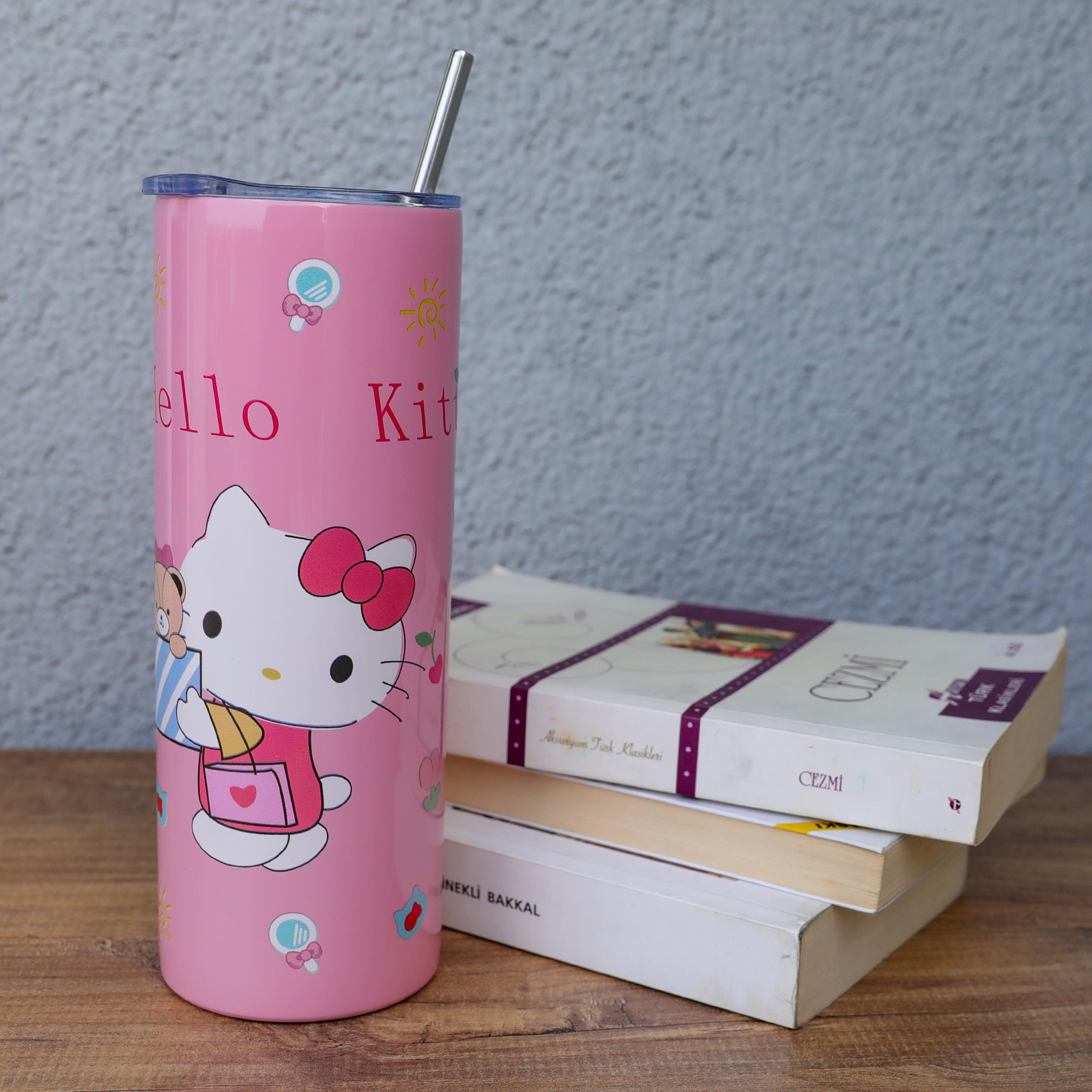 Hello Kitty Kapaklı -Pipetli Paslanmaz Çelik Kupa