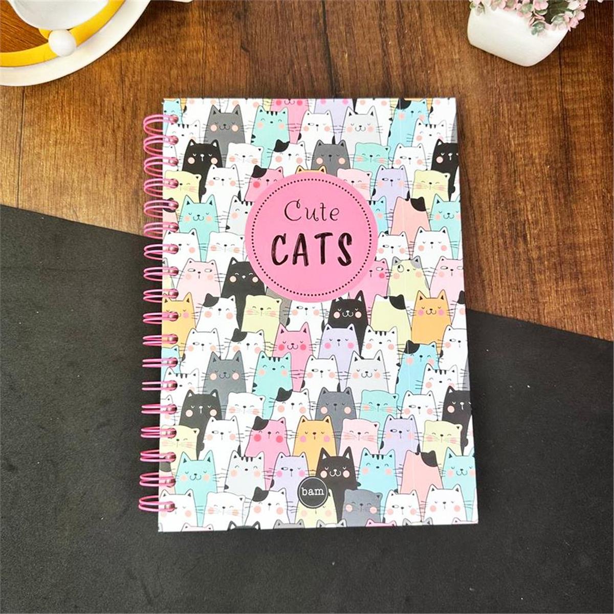 Sevimli Kedi Tasarımlı Çizgili Spiralli Defter