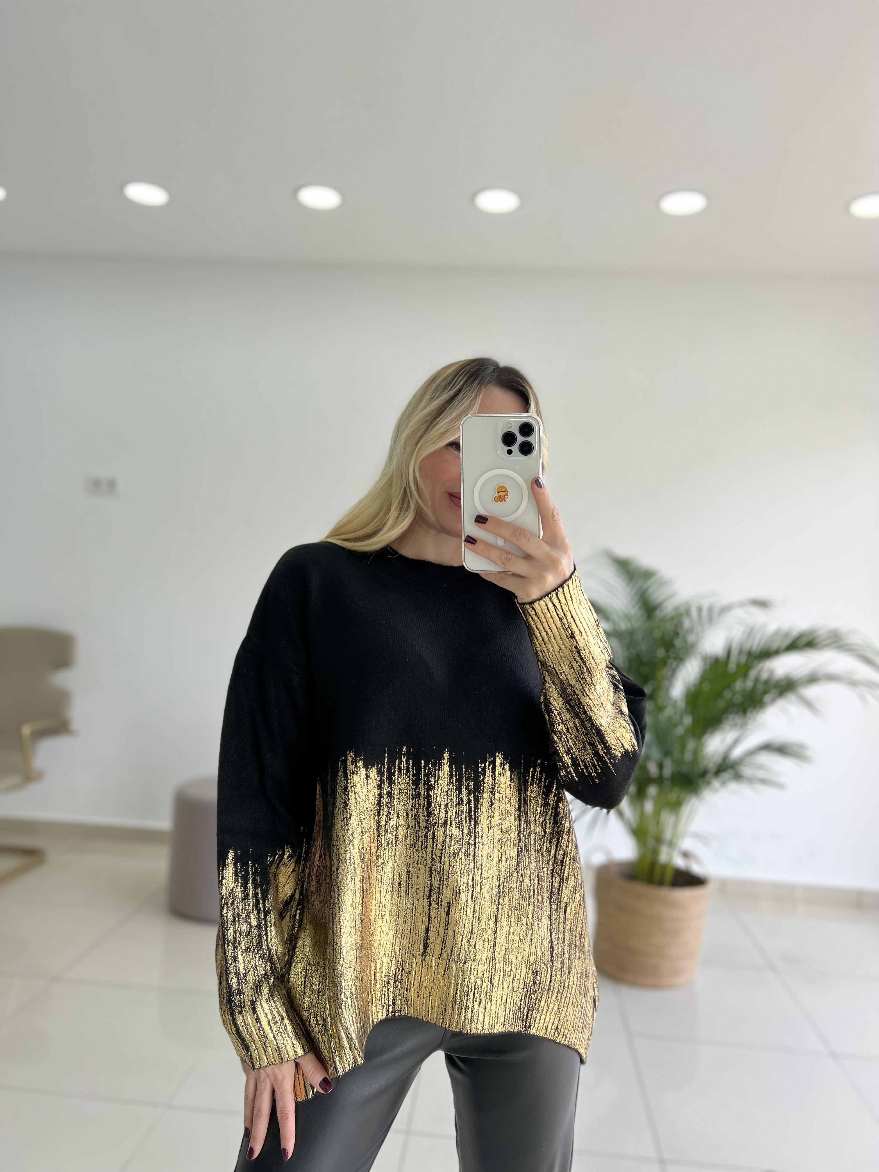  Gold Varak Kaplamalı Triko Bluz 