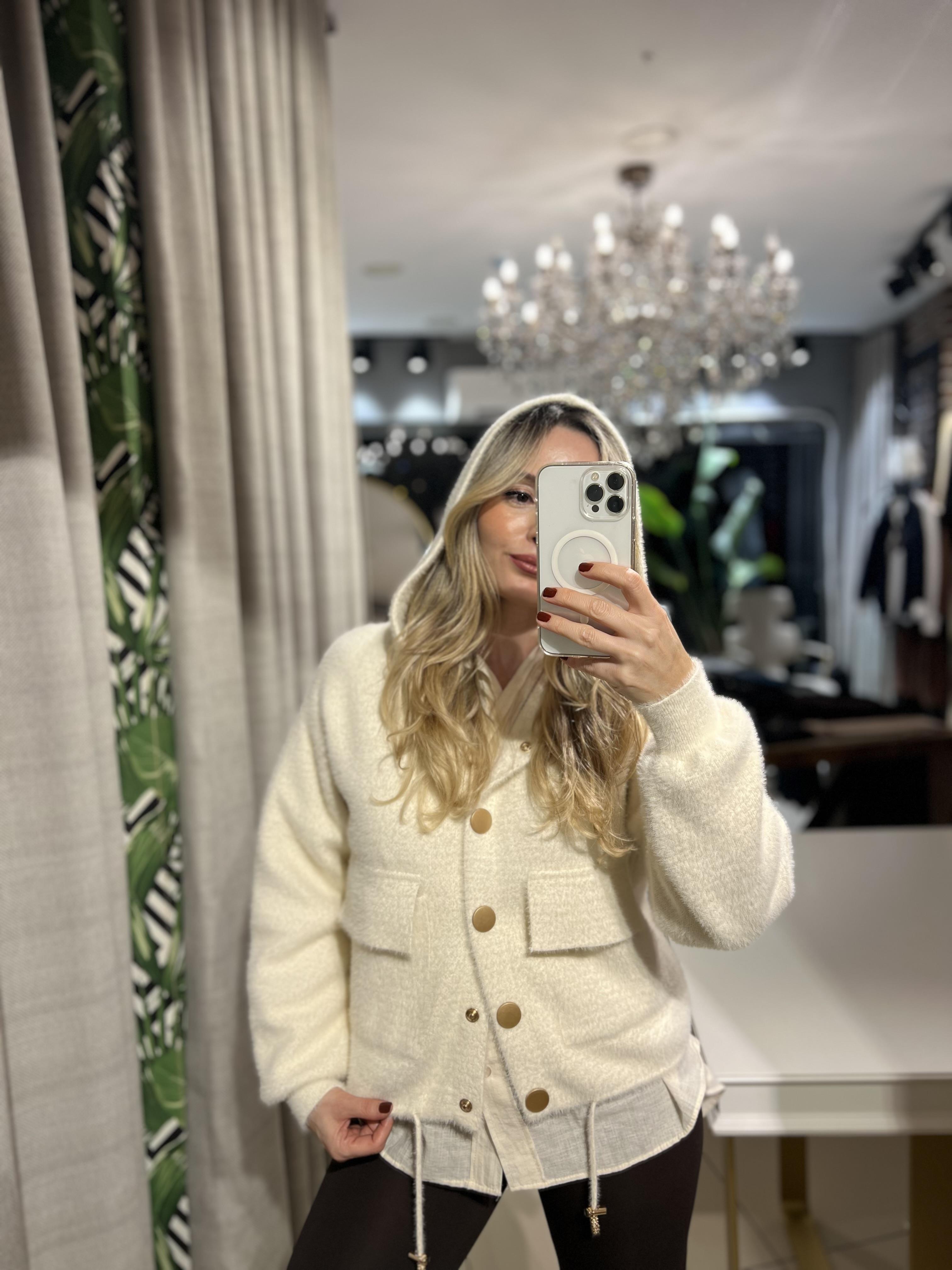 Angora Kapşonlu Düğmeli Ekru Hırka