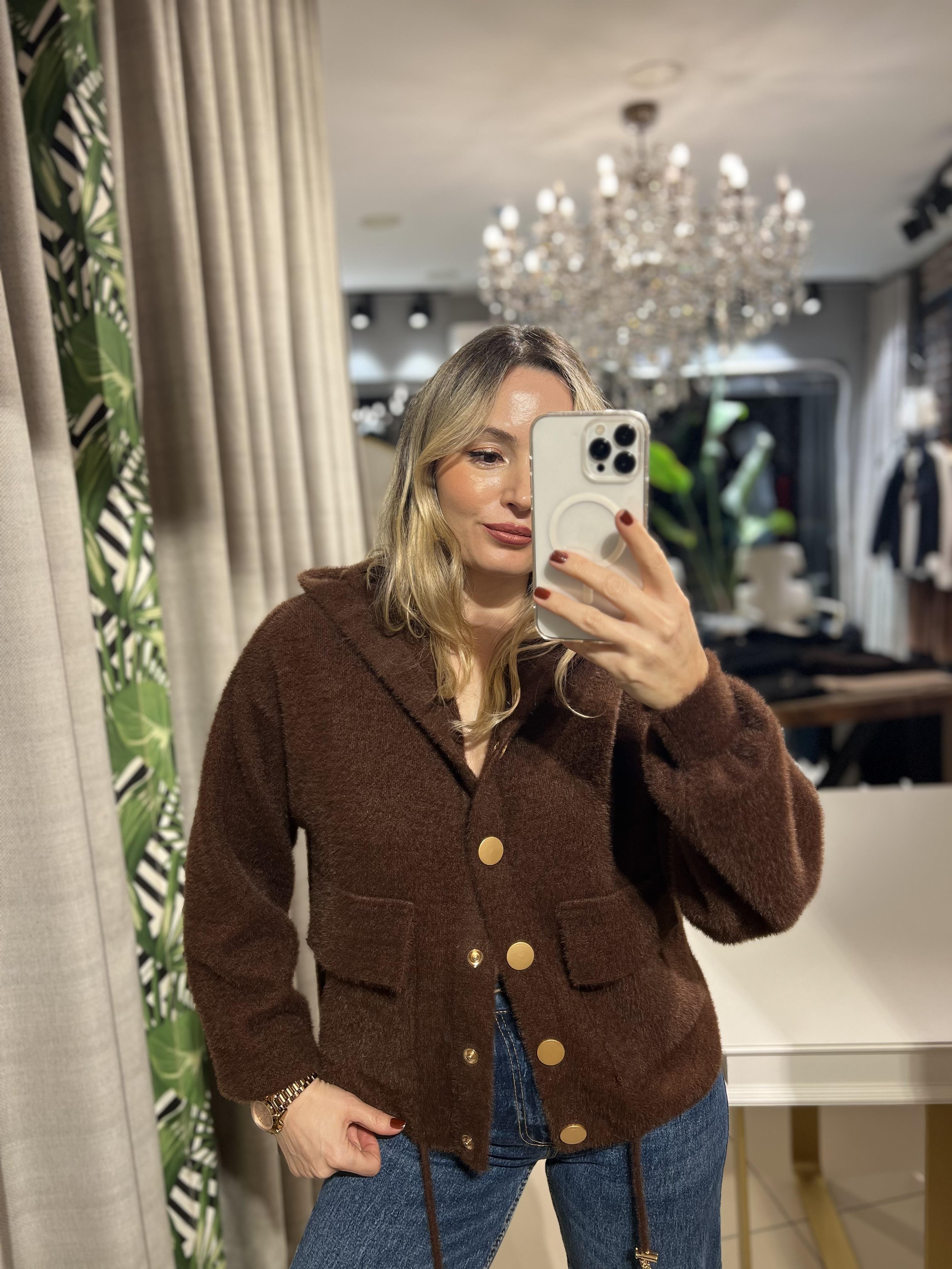 Angora Kapşonlu Düğmeli Kahverengi Hırka