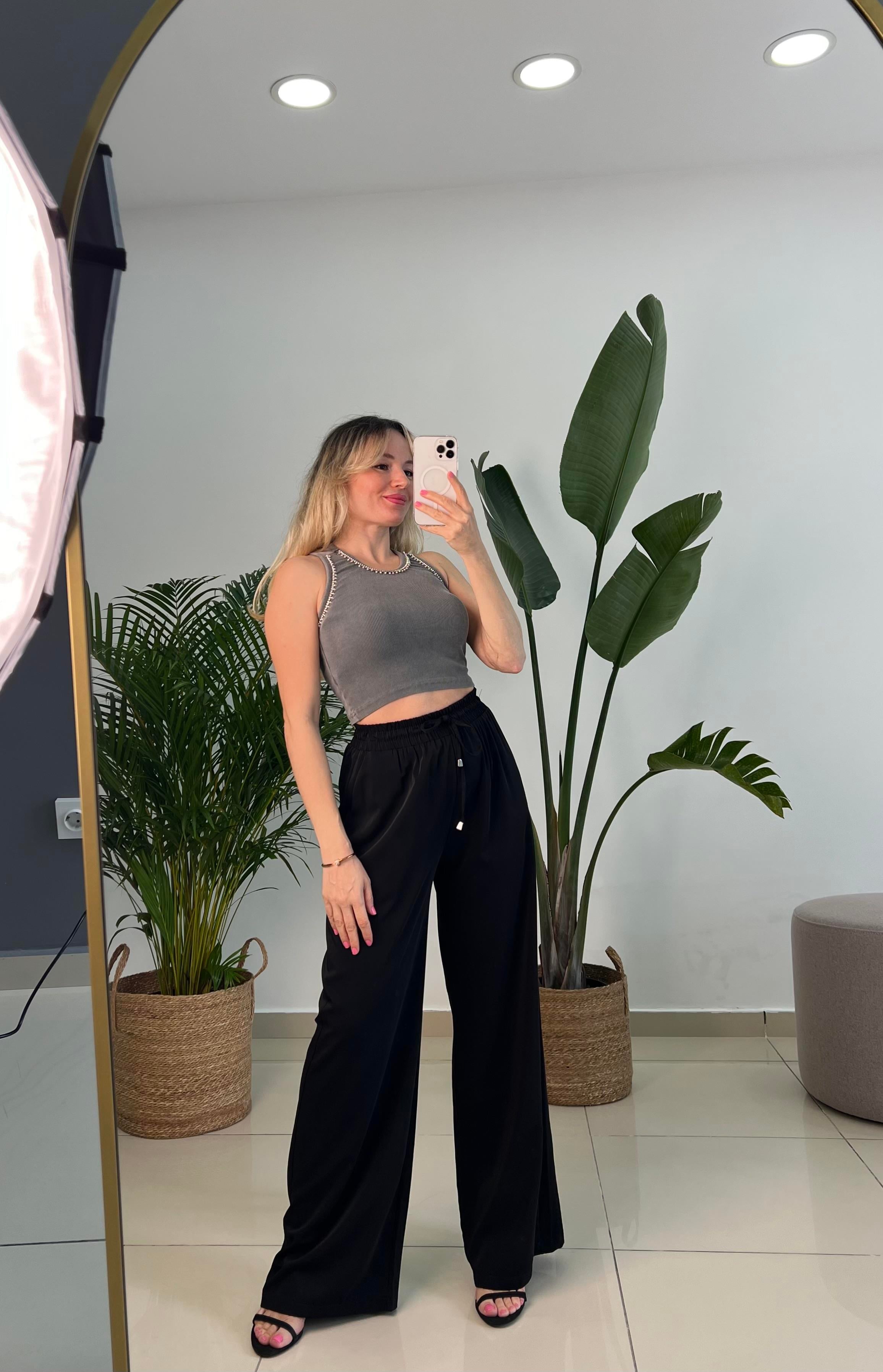 Dökümlü Aerobin Krep Kumaş Siyah Palazzo Pantolon