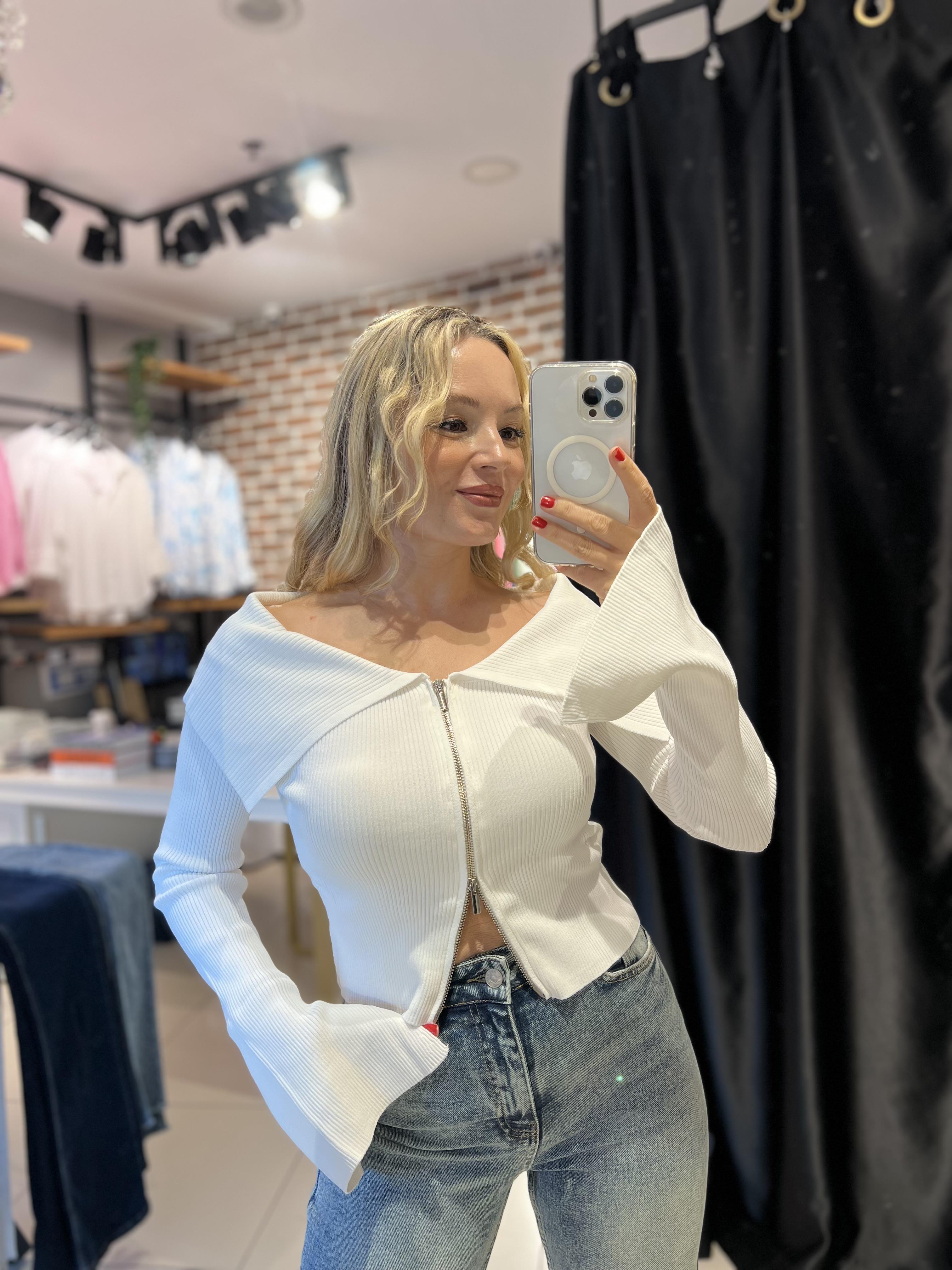 Bardot Yaka Ekru Fermuarlı Triko Hırka