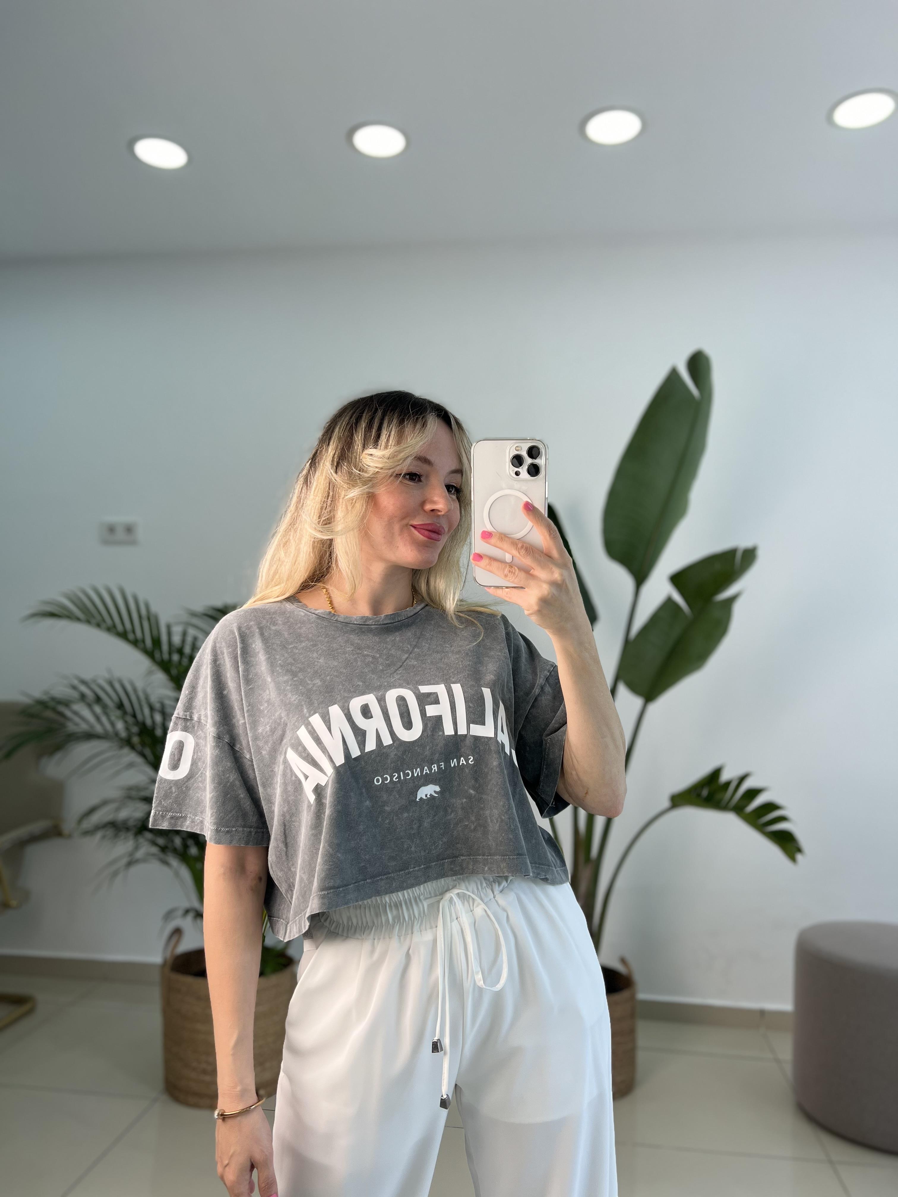 Batik  Desen Yıkamalı  Pamuk Dokuda Antrasit Gri Tişört