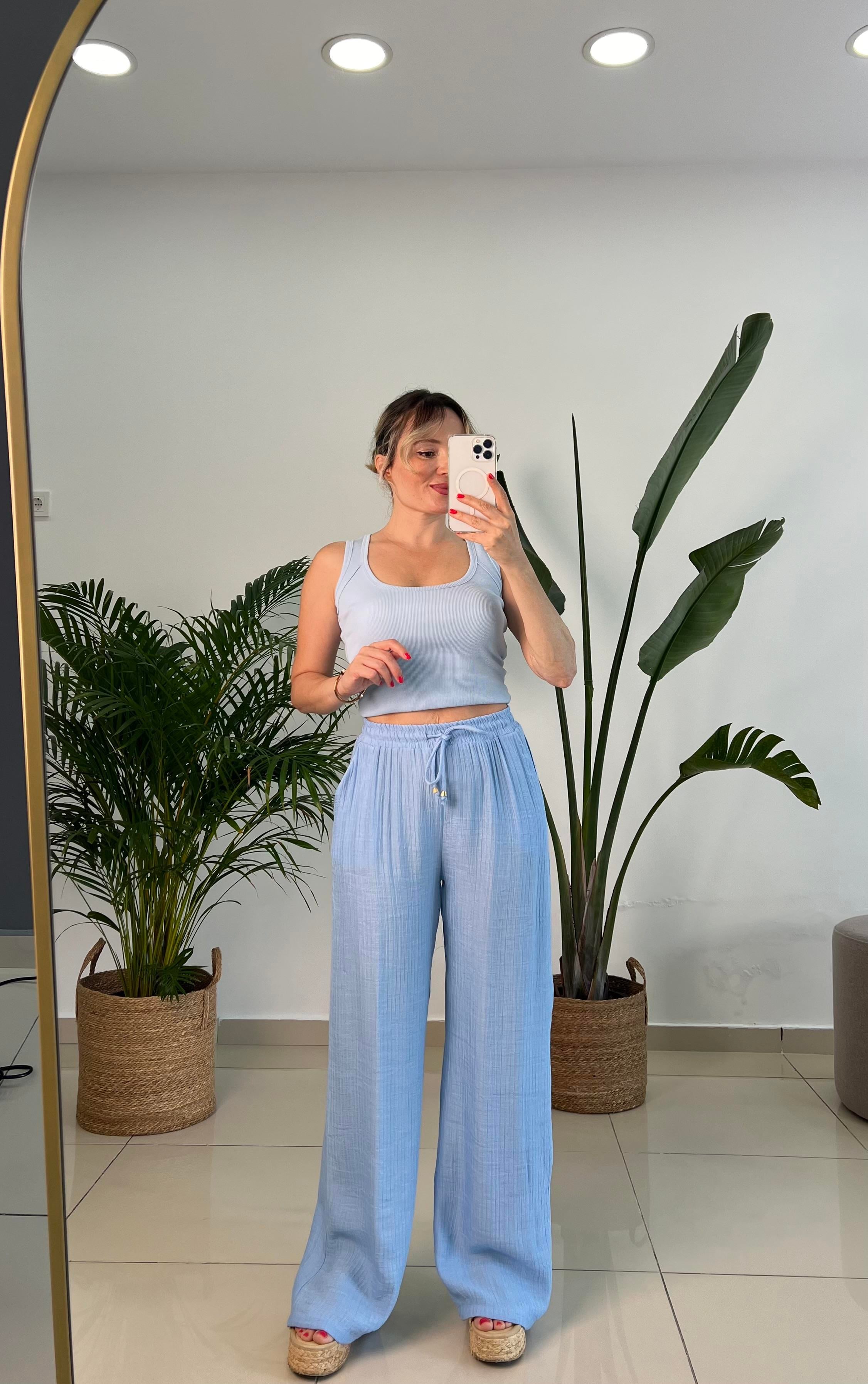 Beli Lastikli İpek Keten Mavi Palazzo Pantolon