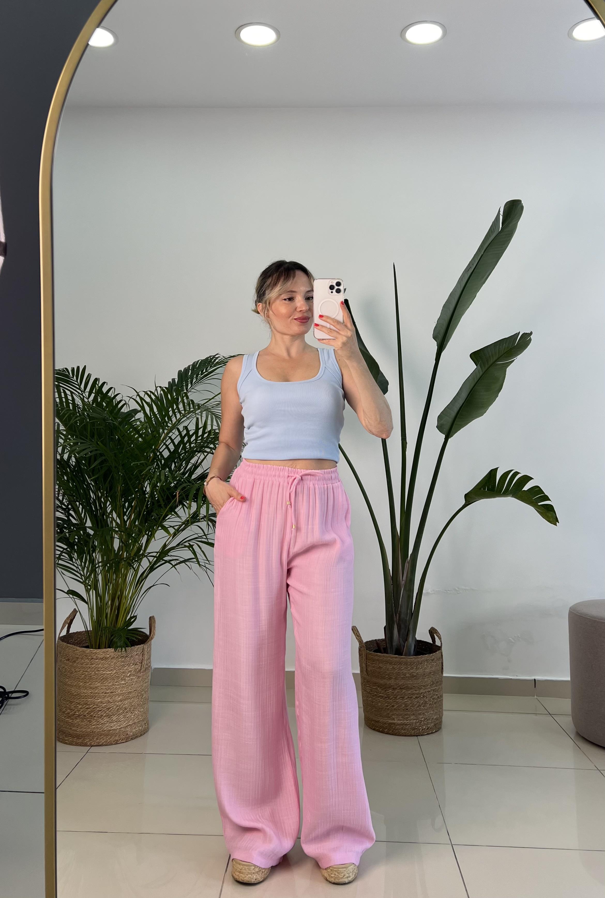 Beli Lastikli İpek Keten Pembe Palazzo Pantolon