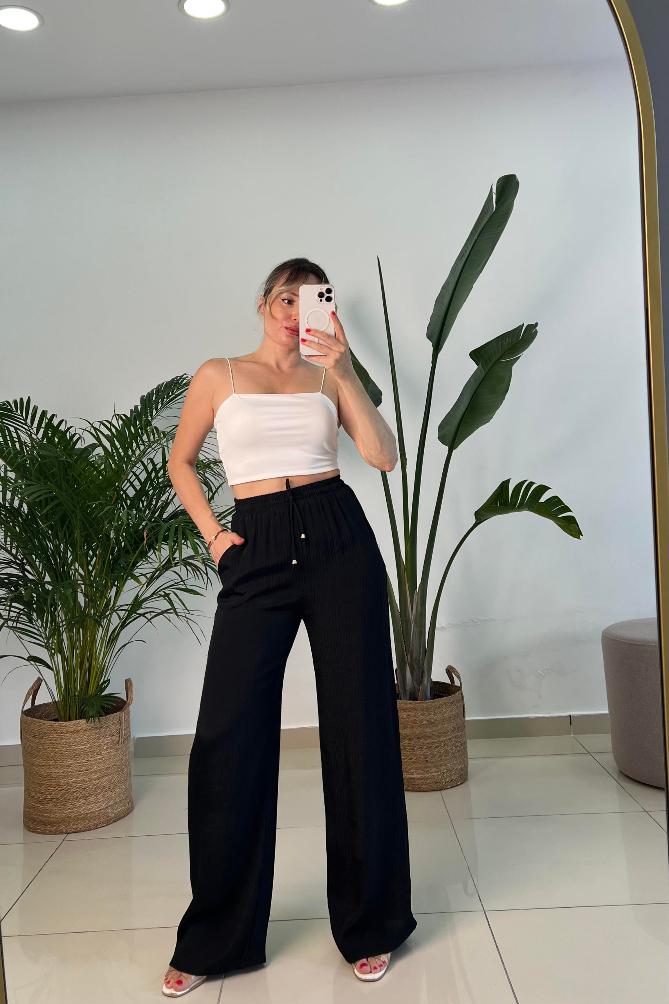 Beli Lastikli İpek Keten Siyah Palazzo Pantolon