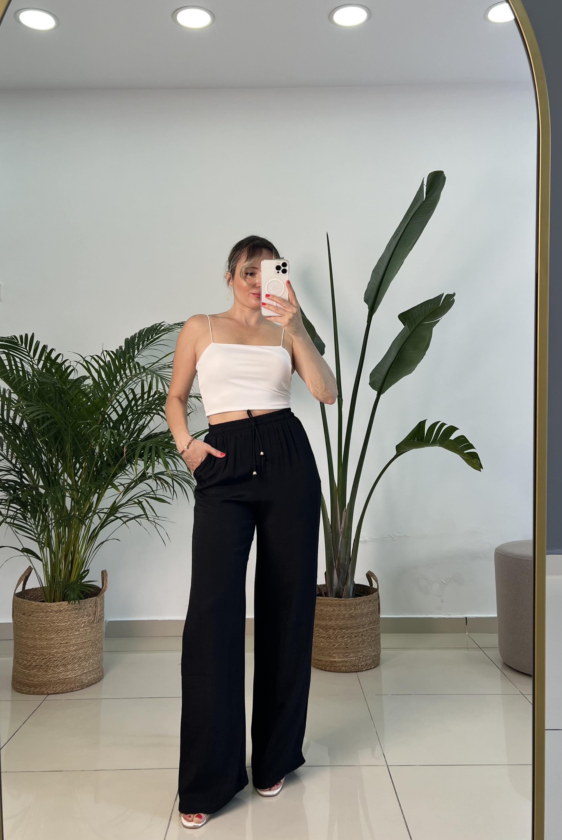 Beli Lastikli İpek Keten Siyah Palazzo Pantolon