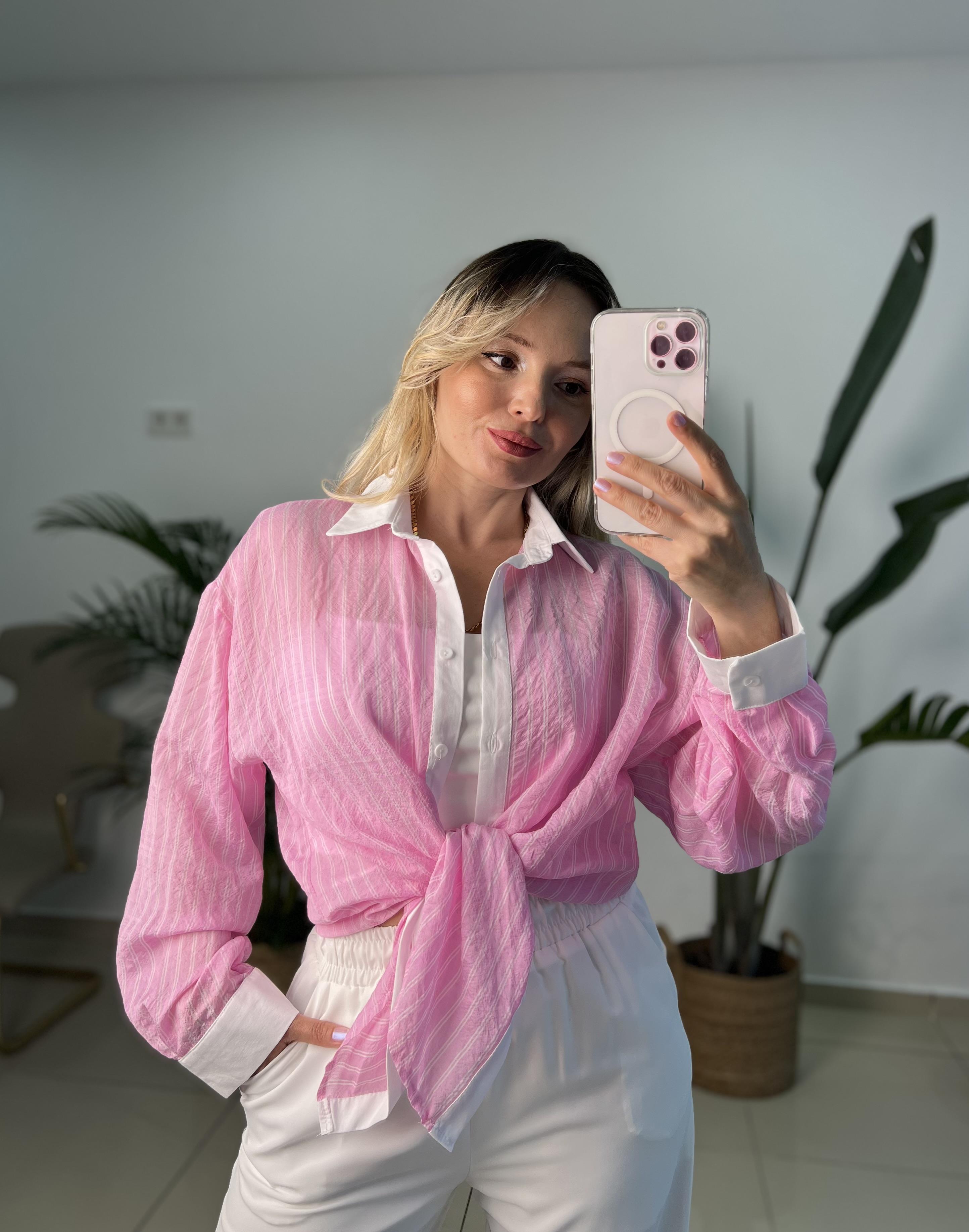 Beyaz Yakalı Çizgili Pembe Gömlek
